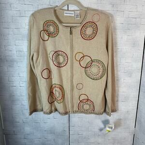 Alfred Dunner women’s cardigan zip front cream 90s knit embroidered cozy core ￼